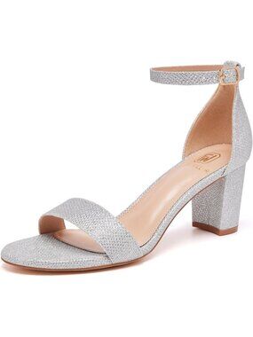 Women's Sliver Glitter Open Toe Ankle Strap Low Chunky Block Heel Sandals